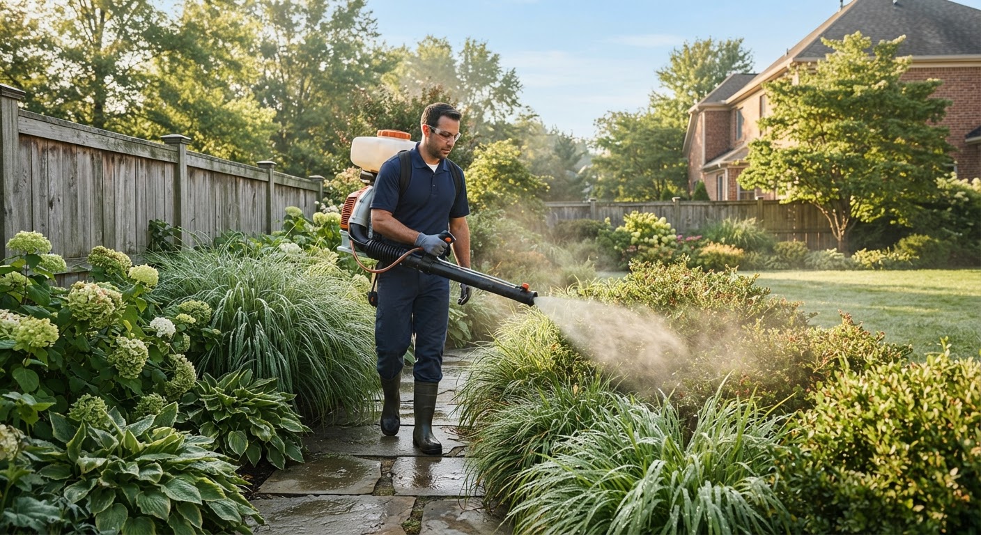 Outdoor mosquito reduction misting treatment along landscaped yard perimeter