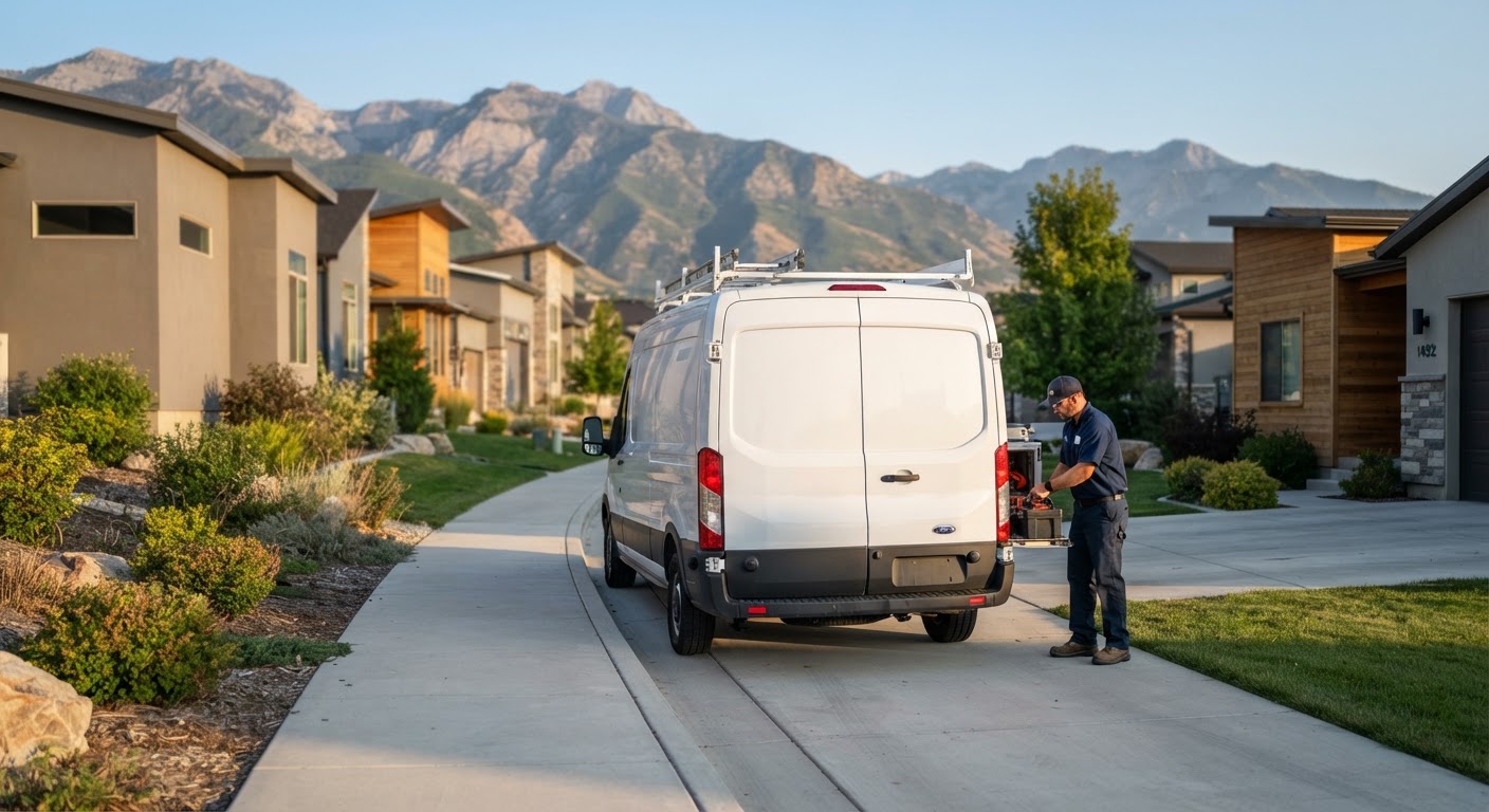 Perkins Pest Control service vehicle parked neatly on a Kaysville neighborhood street