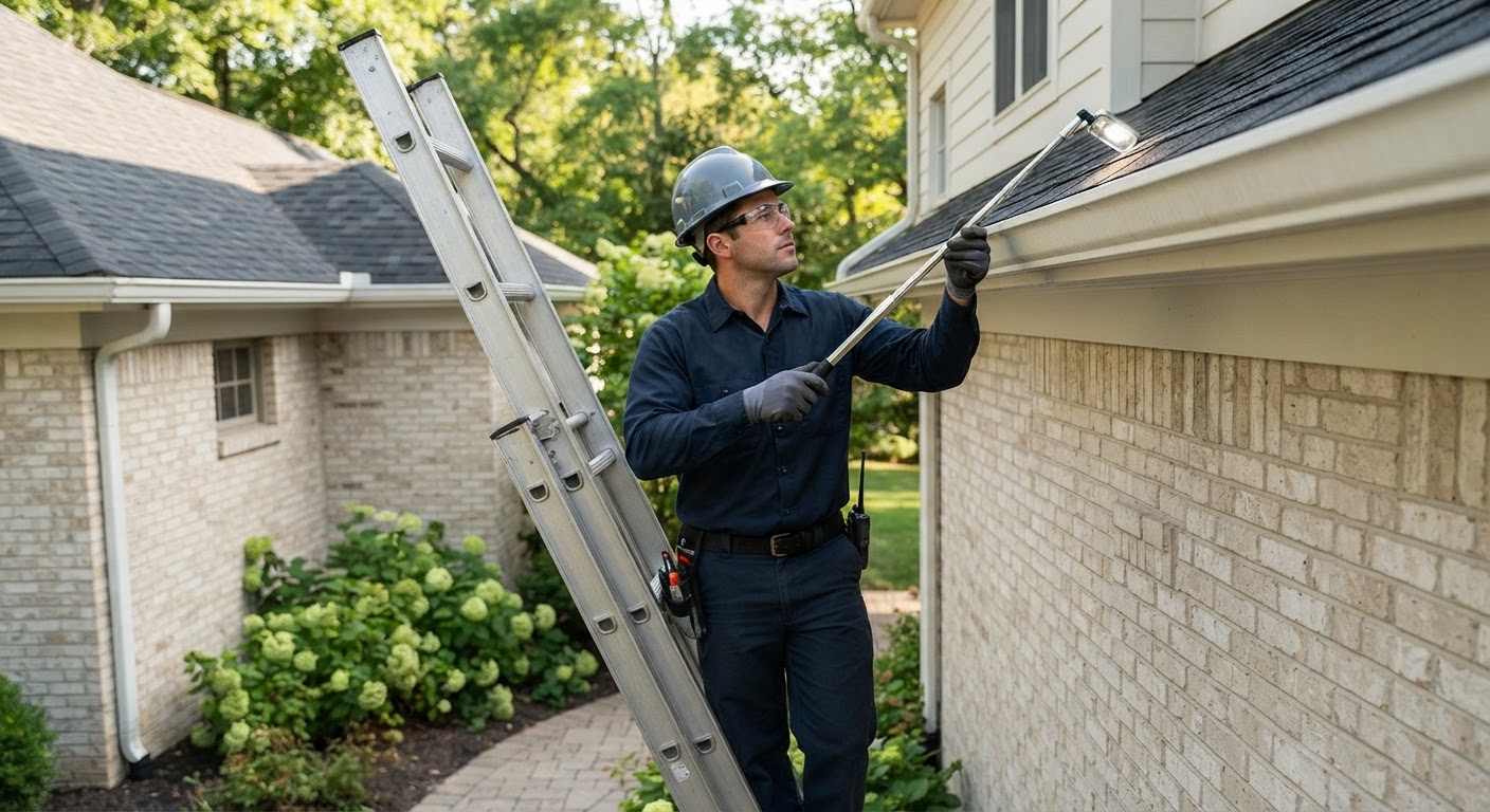 Technician checking roofline eaves for wasp nests and insect access points